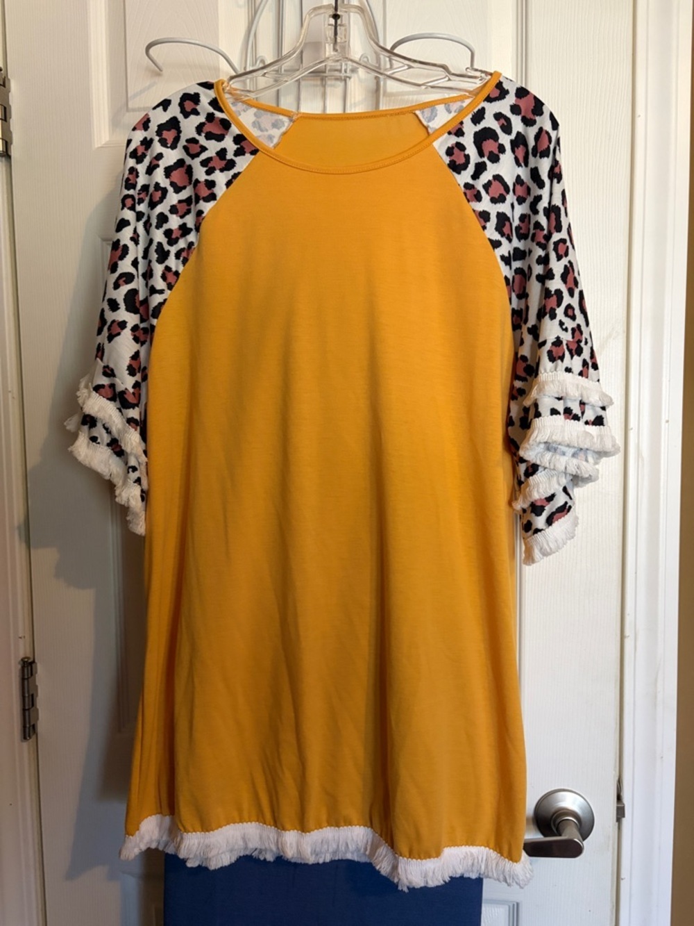 Mustard Yellow Raglan Tunic with Leopard Print Sleeves - Picture 2 of 4